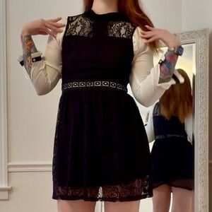 Socialite Little Black Lace Dress w/ High Neck and Keyhole back, Size XS